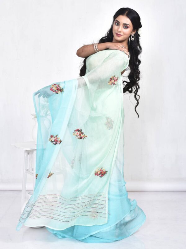 Sky Blue Chiffon Hand Embroidered Saree - Image 4