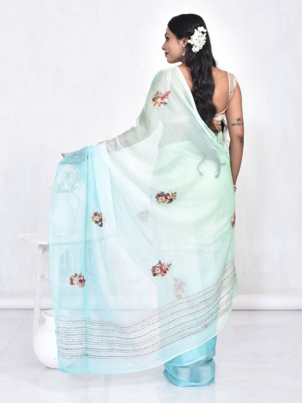 Sky Blue Chiffon Hand Embroidered Saree - Image 2
