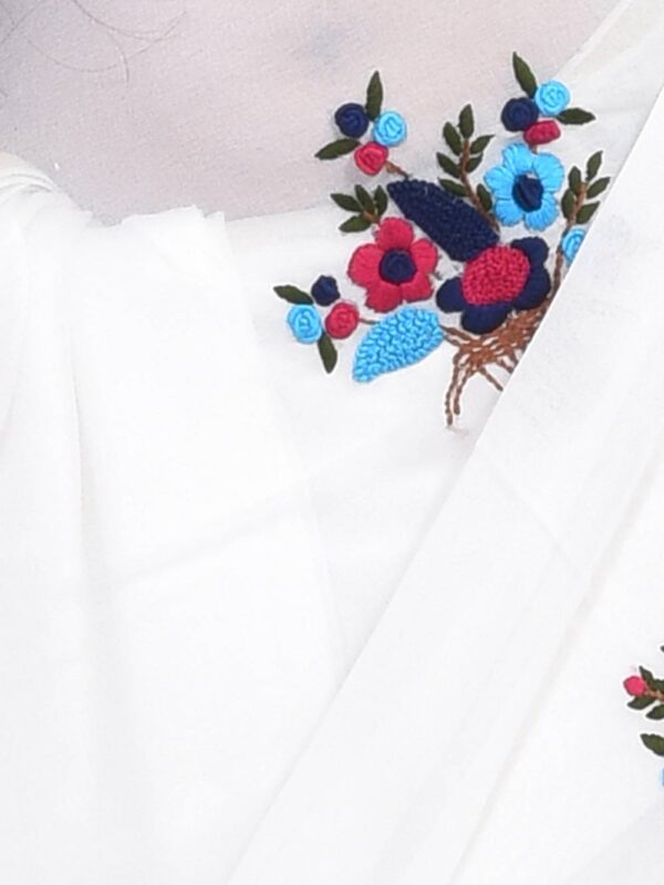 White Viscose Hand Embroidered Saree - Image 3