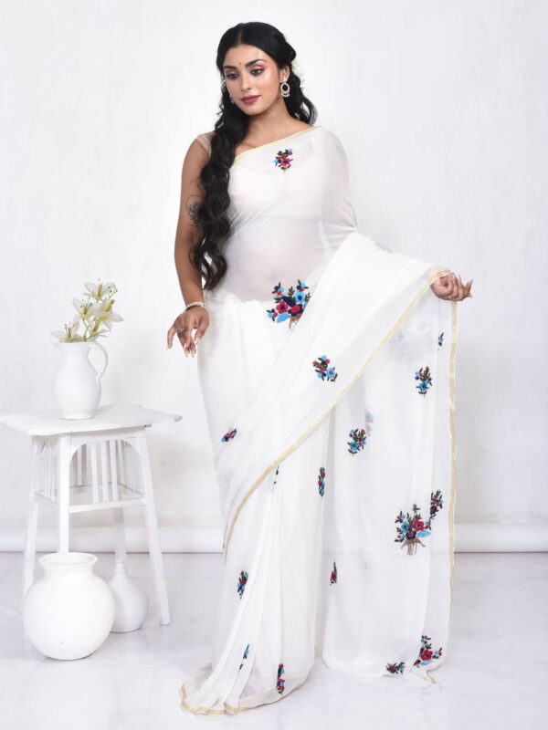 White Viscose Hand Embroidered Saree