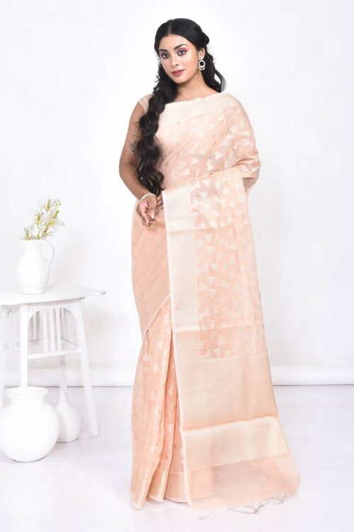 Peach Banaras Chanderi Cotton Saree