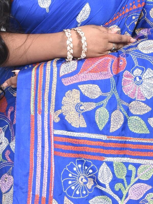 Blue Semi Silk Kantha Stitch Saree - Image 3
