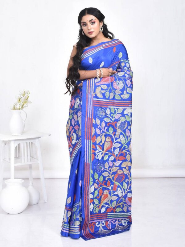 Blue Semi Silk Kantha Stitch Saree