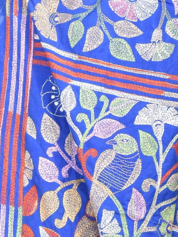 Blue Semi Silk Kantha Stitch Saree - Image 5