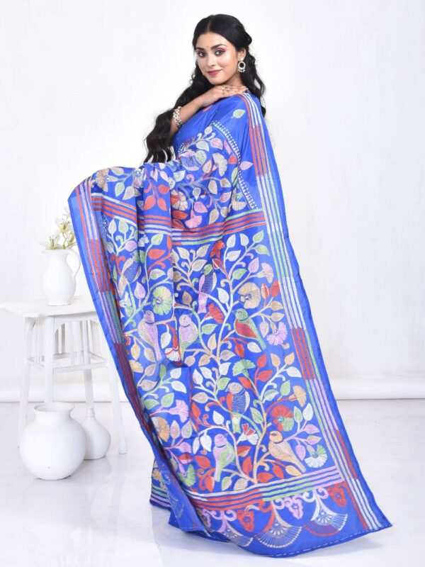 Blue Semi Silk Kantha Stitch Saree - Image 4
