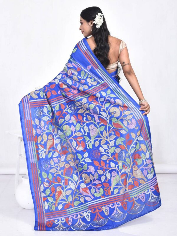 Blue Semi Silk Kantha Stitch Saree - Image 2