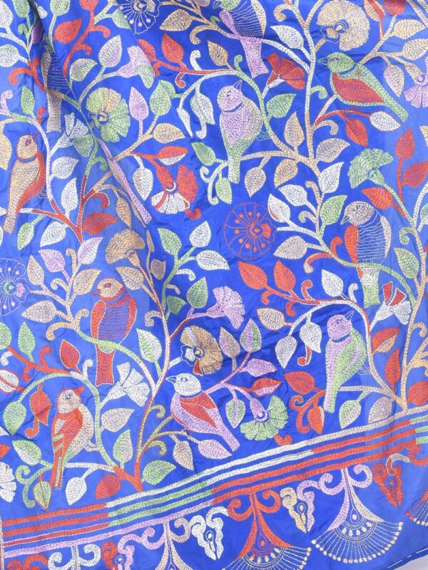 Blue Semi Silk Kantha Stitch Saree - Image 6