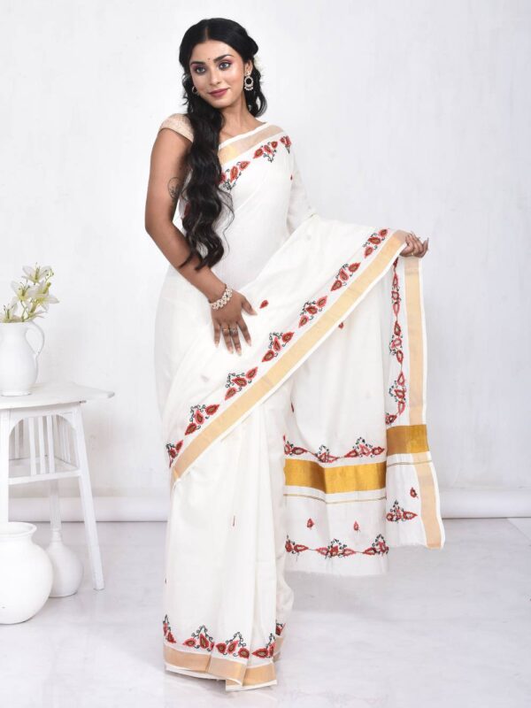 White Kerala Cotton Saree with Betel Leaf Hand Embroidery