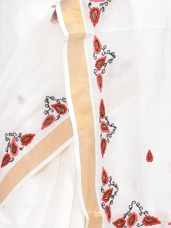 White Kerala Cotton Saree with Betel Leaf Hand Embroidery - Image 5