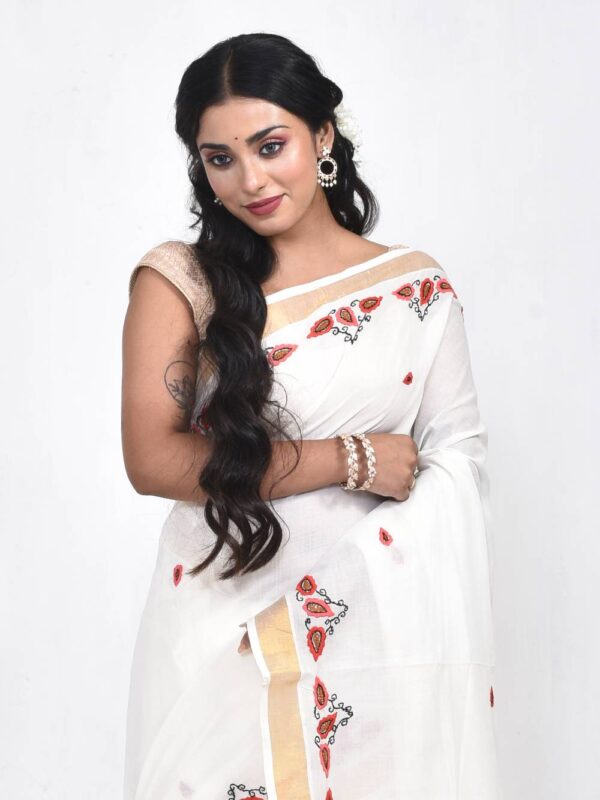 White Kerala Cotton Saree with Betel Leaf Hand Embroidery - Image 6