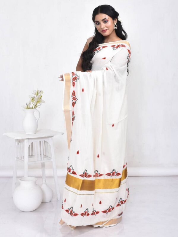 White Kerala Cotton Saree with Betel Leaf Hand Embroidery - Image 4