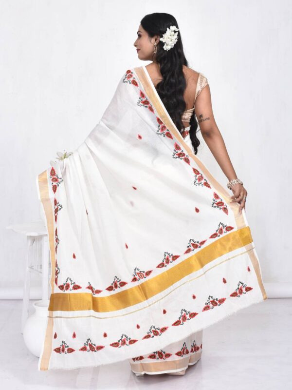 White Kerala Cotton Saree with Betel Leaf Hand Embroidery - Image 2
