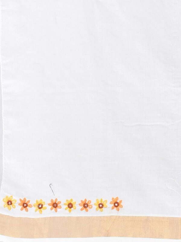 White Kerala Cotton Saree with Floral Hand Embroidery - Image 7