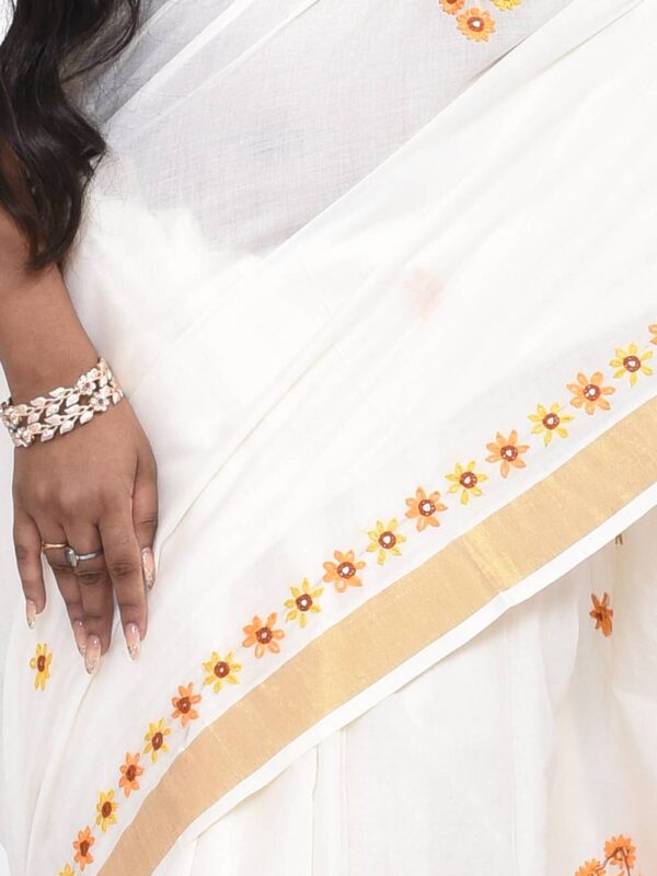 White Kerala Cotton Saree with Floral Hand Embroidery - Image 3