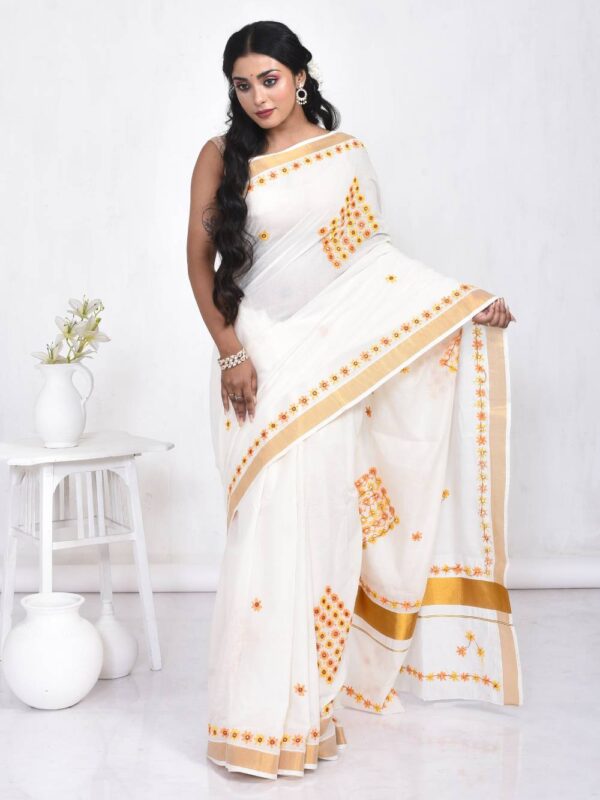 White Kerala Cotton Saree with Floral Hand Embroidery