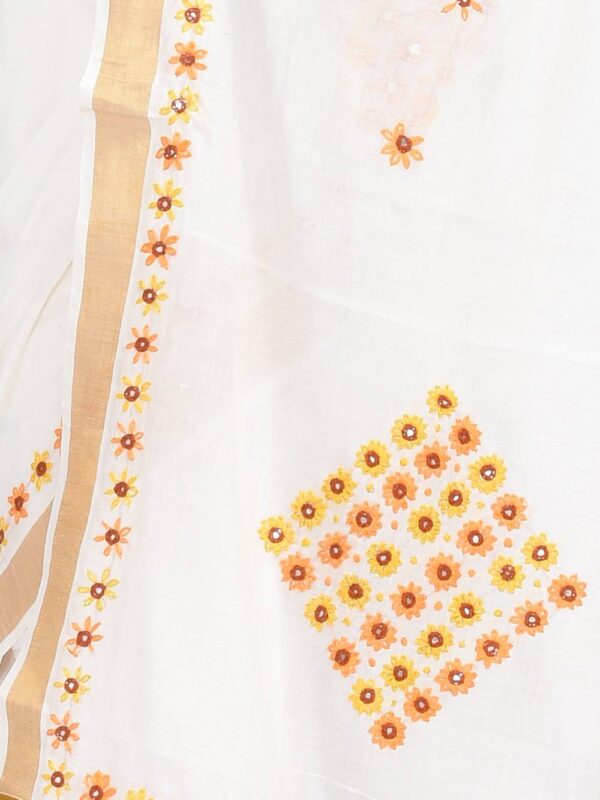 White Kerala Cotton Saree with Floral Hand Embroidery - Image 6
