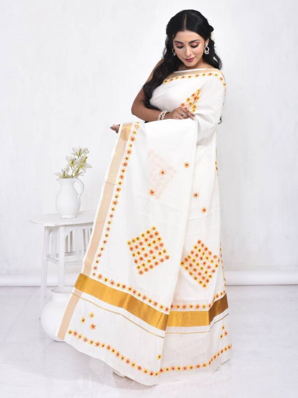 White Kerala Cotton Saree with Floral Hand Embroidery - Image 4