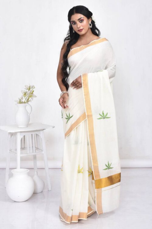 White Kerala Cotton Saree with Leaf Design Hand Embroidery