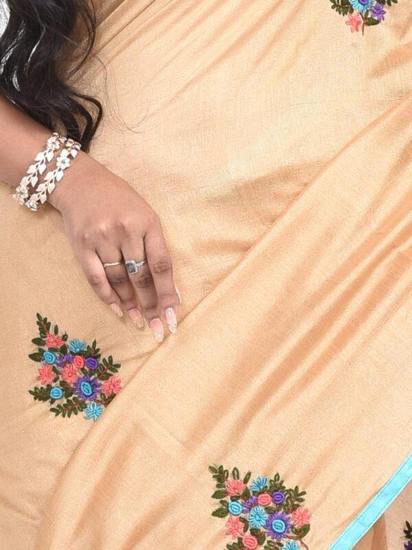 Beige Floral Hand Embroidered Semi Tussar Saree - Image 3