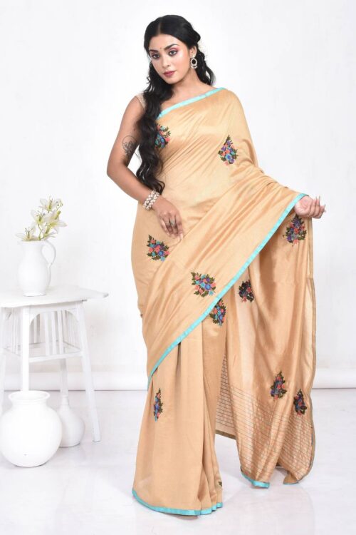 Beige Floral Hand Embroidered Semi Tussar Saree
