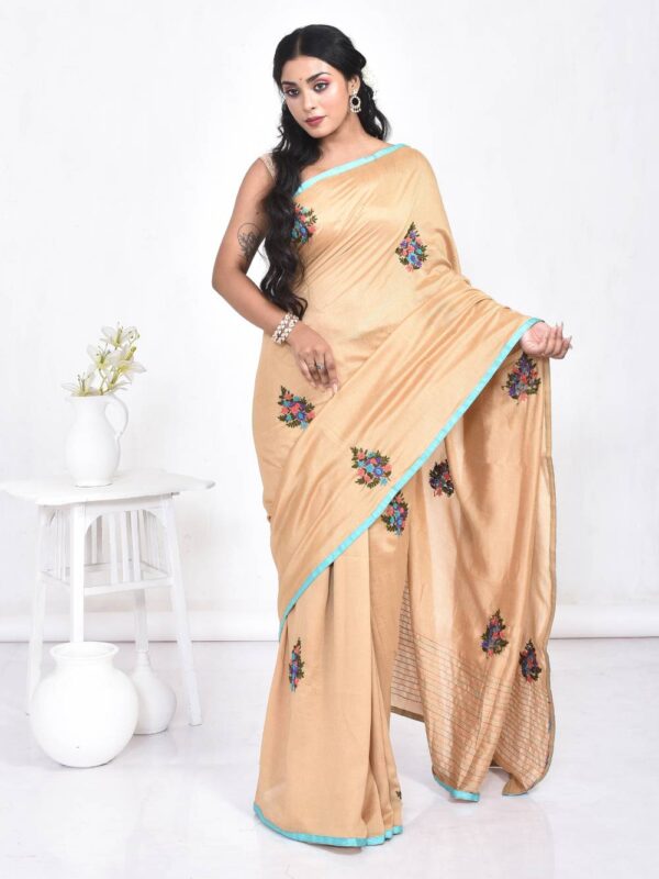 Beige Floral Hand Embroidered Semi Tussar Saree