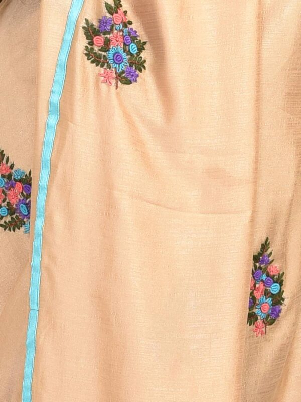 Beige Floral Hand Embroidered Semi Tussar Saree - Image 5