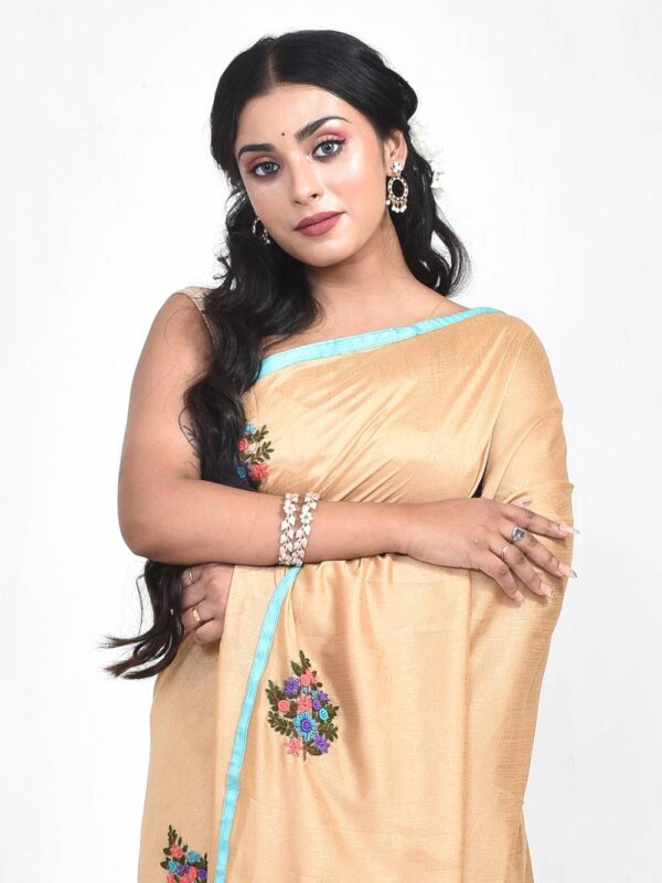 Beige Floral Hand Embroidered Semi Tussar Saree - Image 6