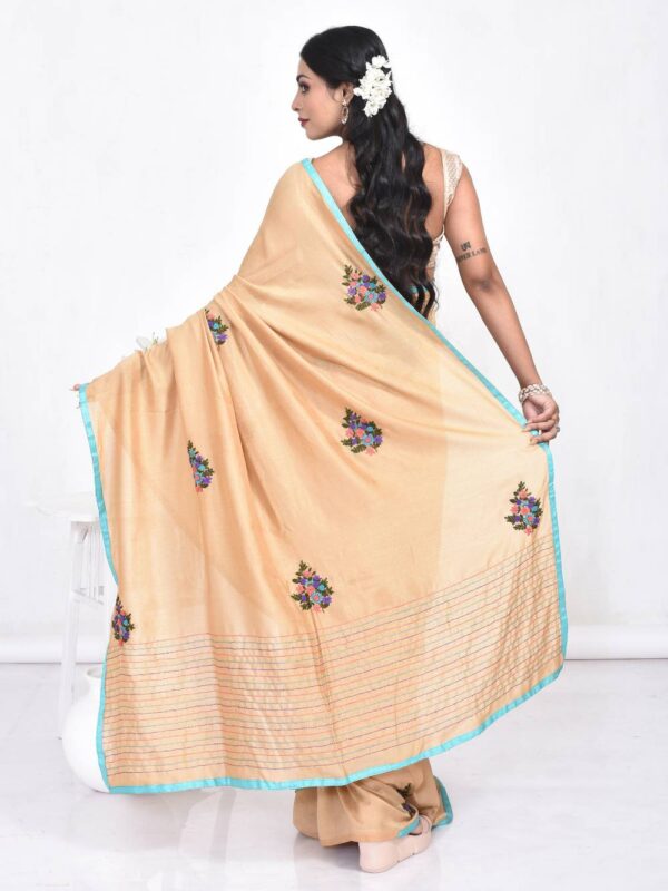 Beige Floral Hand Embroidered Semi Tussar Saree - Image 2
