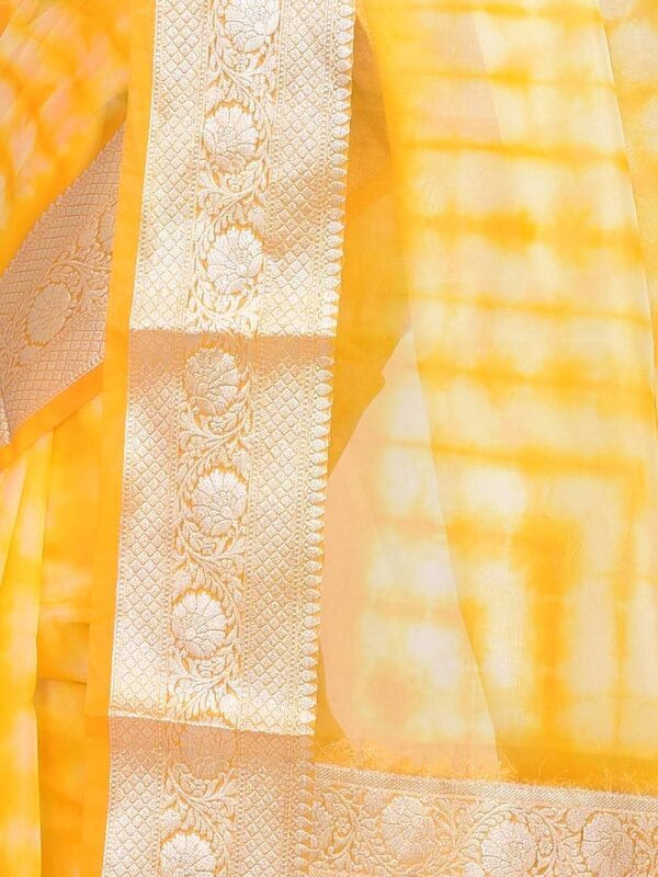 Yellow Shibori Design Banaras Organza Saree - Image 5