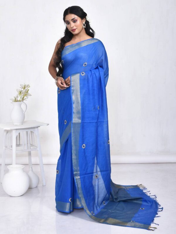 Blue Hand Embroidered Linen Saree