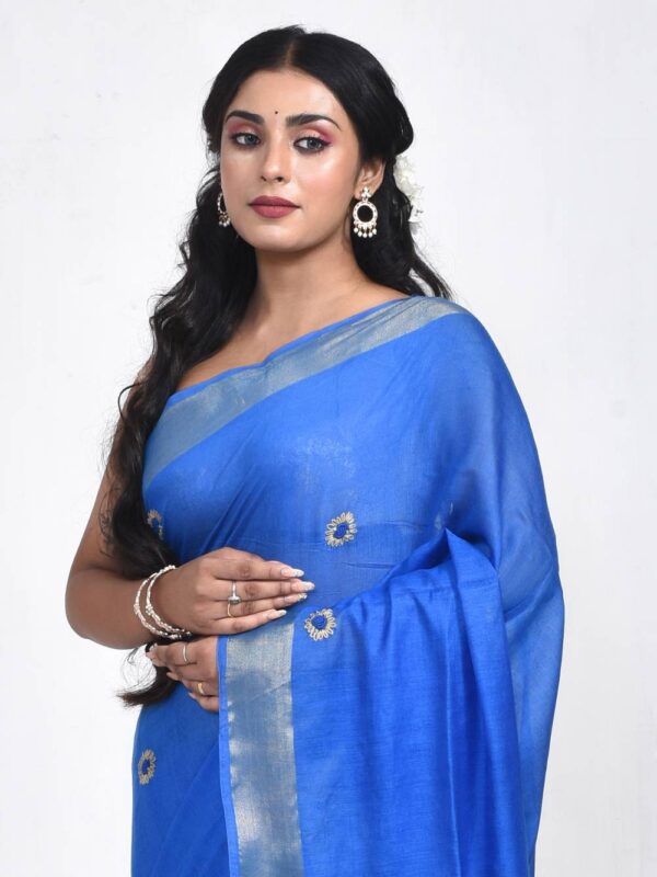 Blue Hand Embroidered Linen Saree - Image 6
