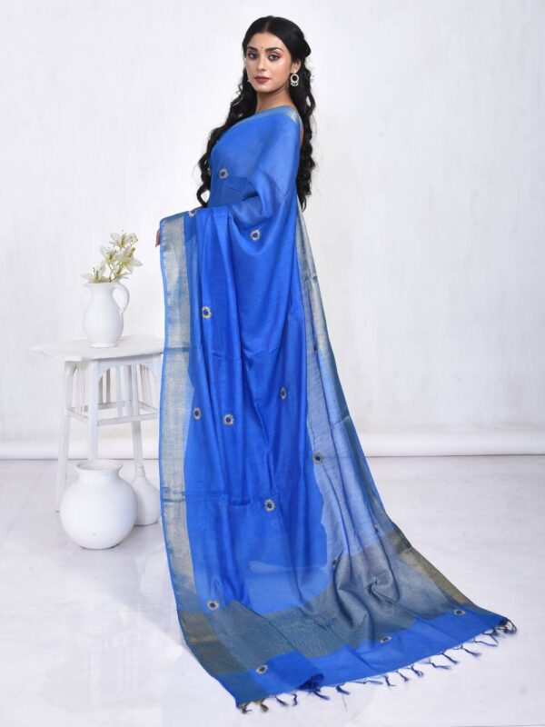 Blue Hand Embroidered Linen Saree - Image 4