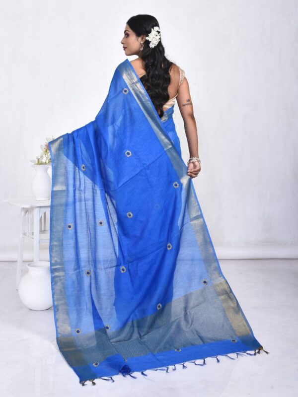 Blue Hand Embroidered Linen Saree - Image 2