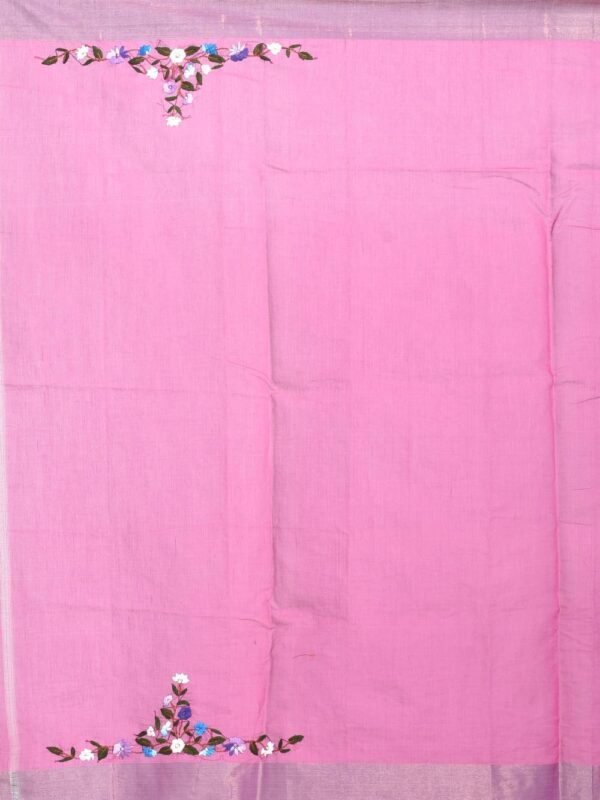 Fuchsia Pink Hand Embroidered Linen Saree - Image 7