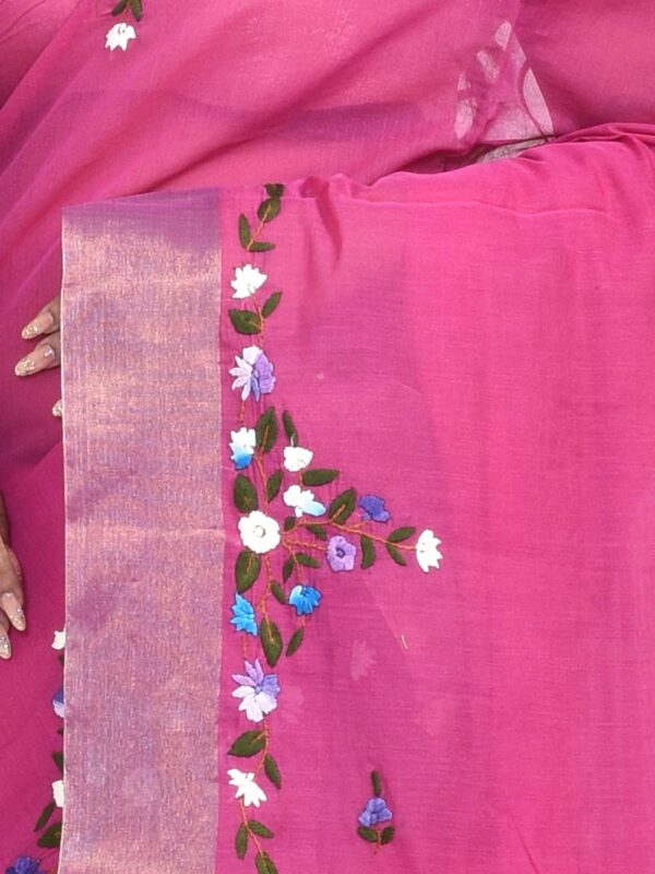 Fuchsia Pink Hand Embroidered Linen Saree - Image 3