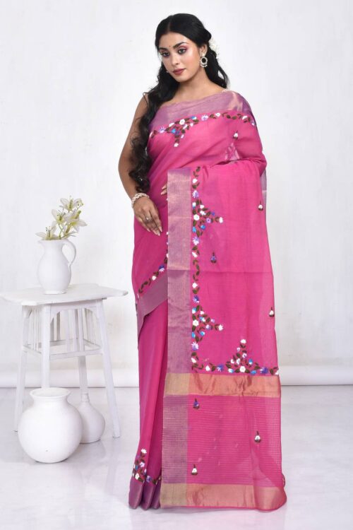 Fuchsia Pink Hand Embroidered Linen Saree