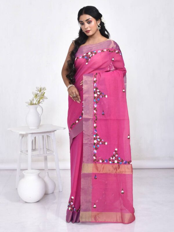 Fuchsia Pink Hand Embroidered Linen Saree