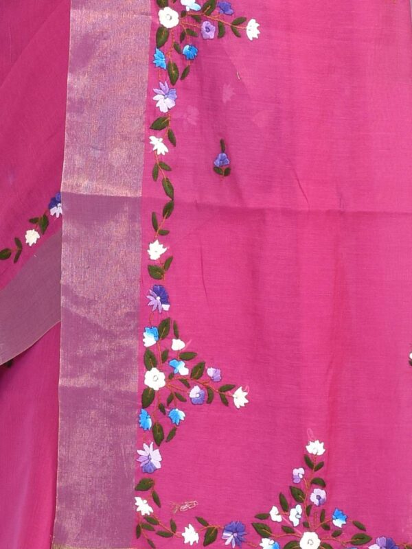 Fuchsia Pink Hand Embroidered Linen Saree - Image 6