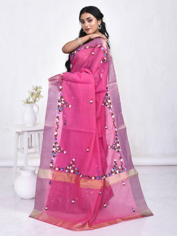 Fuchsia Pink Hand Embroidered Linen Saree - Image 4
