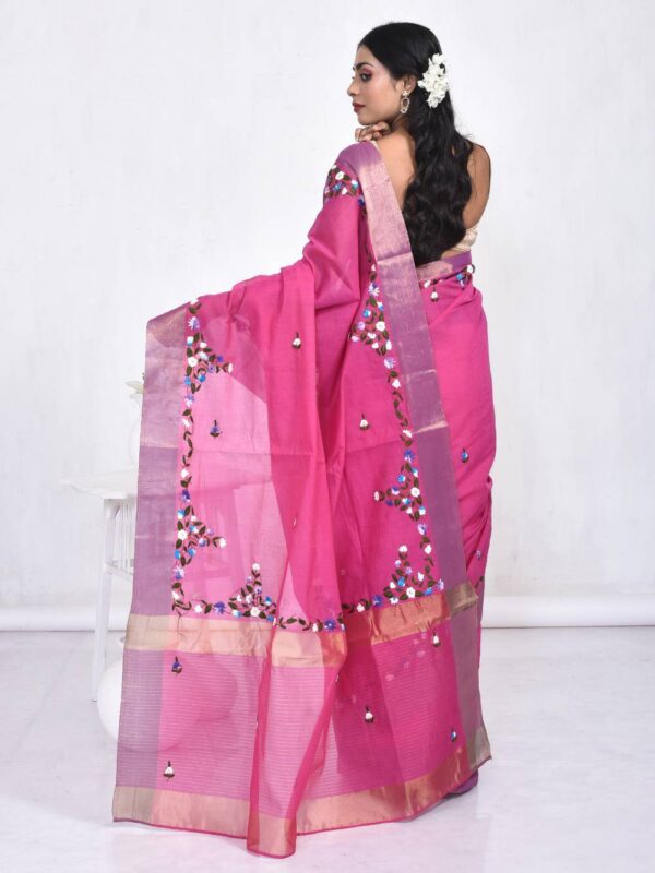 Fuchsia Pink Hand Embroidered Linen Saree - Image 2
