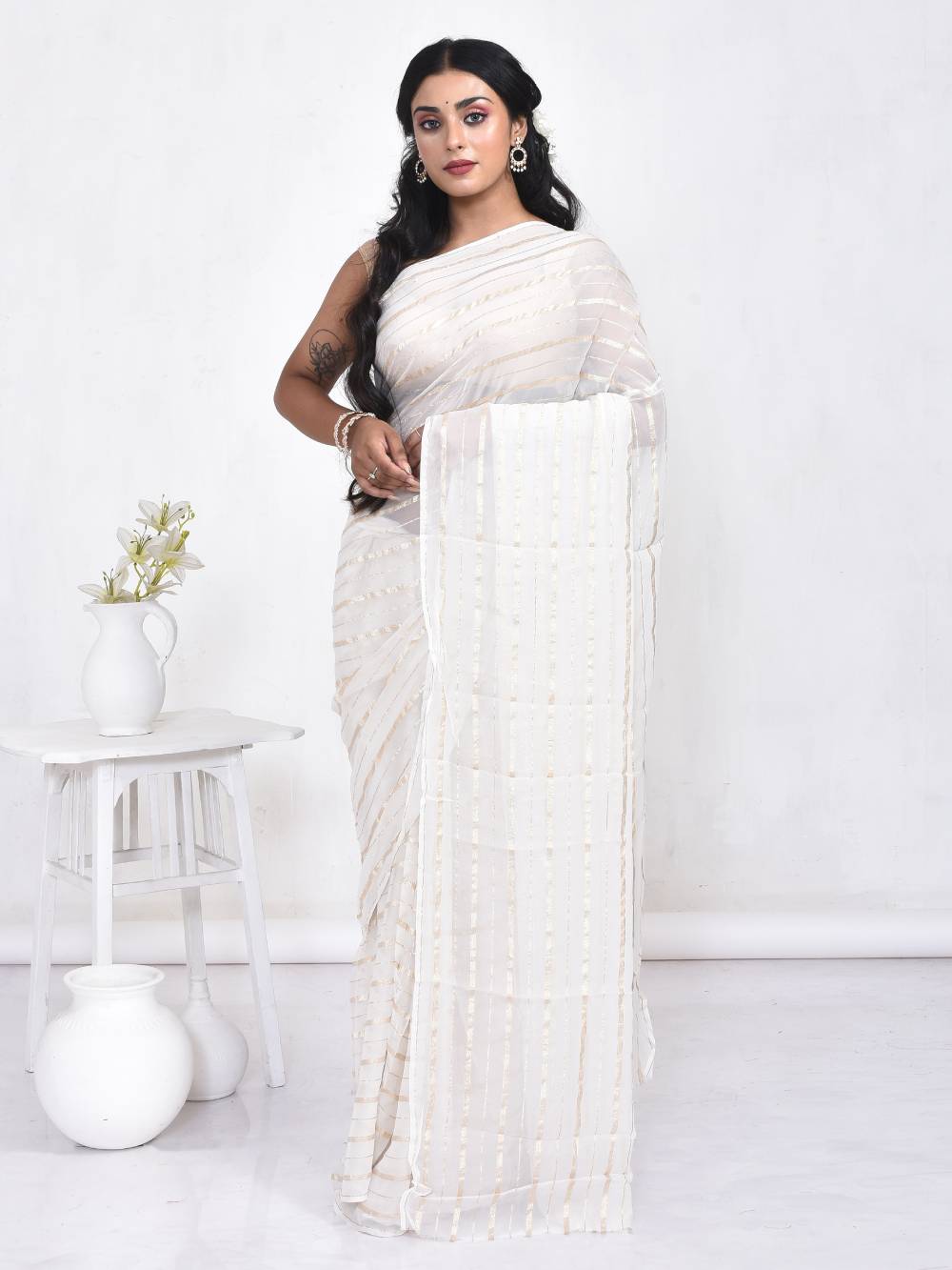 White Zari Striped Georgette Saree