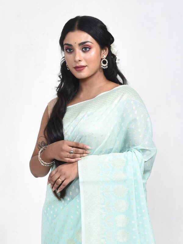 Sea Green Banaras Chanderi Saree - Image 6
