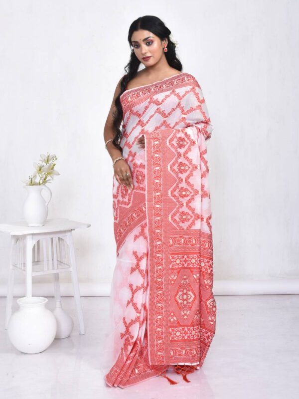 Red & White Linen Saree