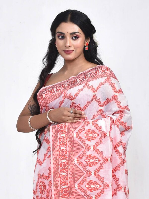 Red & White Linen Saree - Image 6