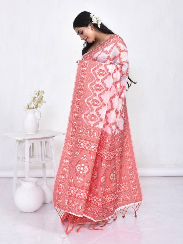Red & White Linen Saree - Image 4