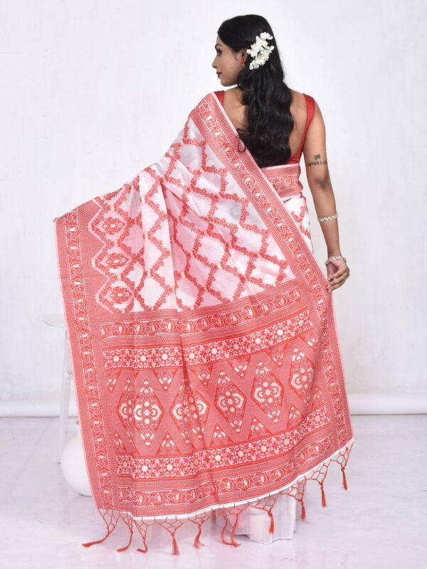 Red & White Linen Saree - Image 2