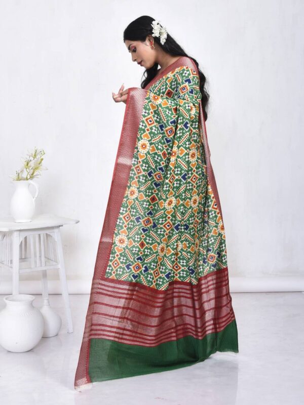 Forest Green Linen Silk Saree - Image 4