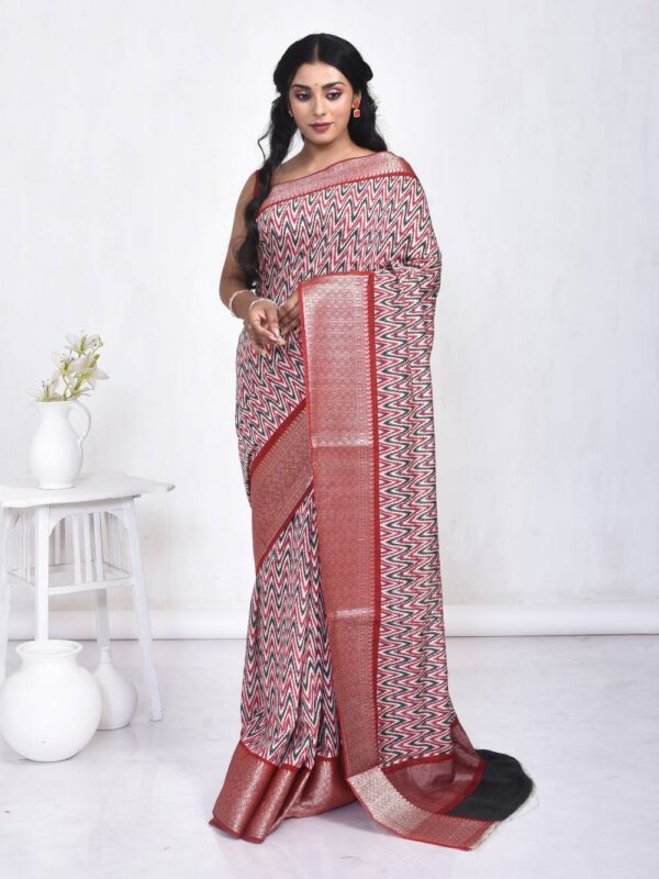 Red White Ikat Print Linen Saree