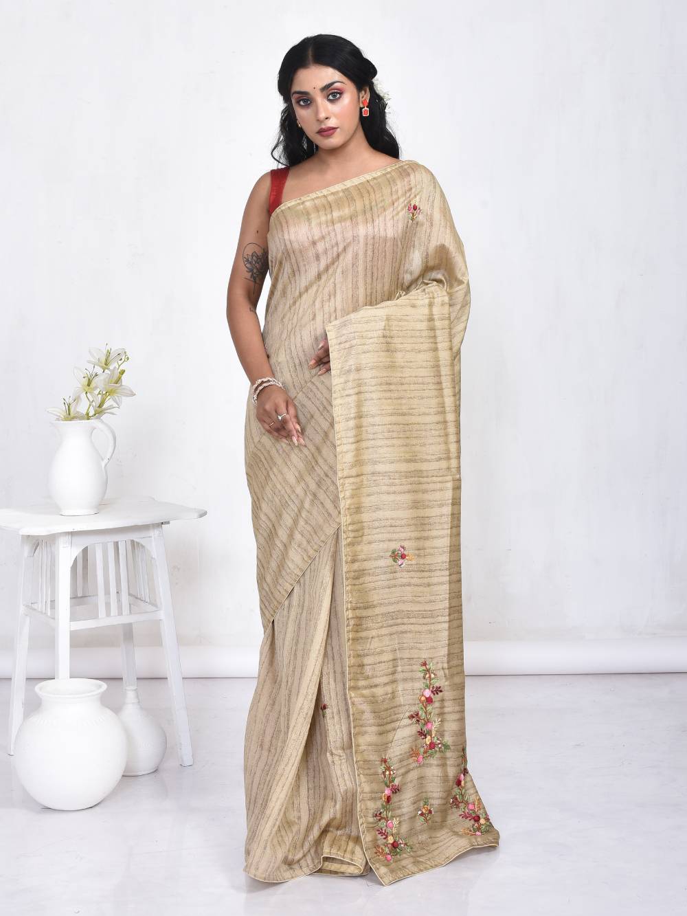Beige Striped Semi Tussar Hand Embroidered Saree