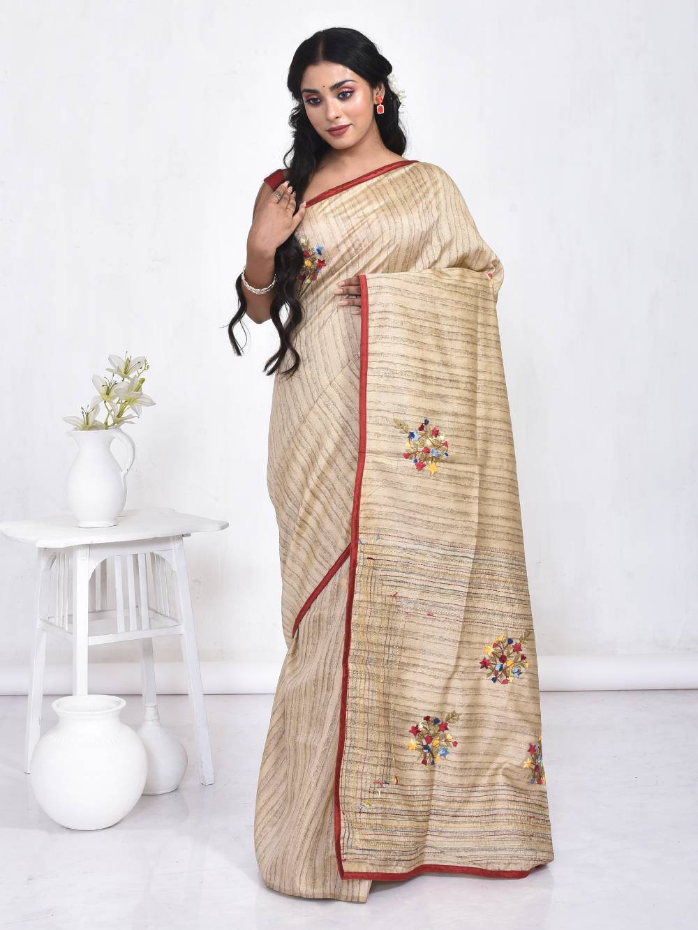 Cream Semi Tussar Hand Embroidered Saree